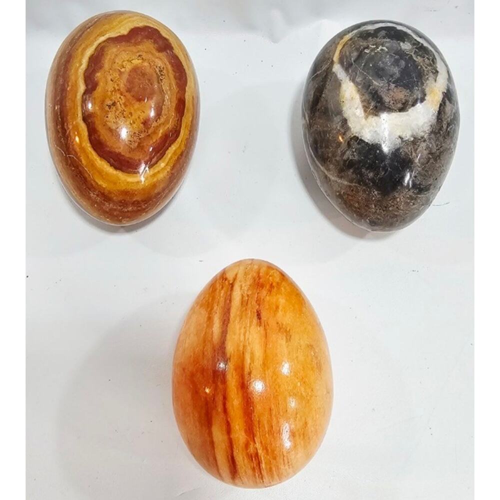 Lot Of 3 Vintage Polished Marble Stone Eggs Muticolor 2.75"-3" Tall